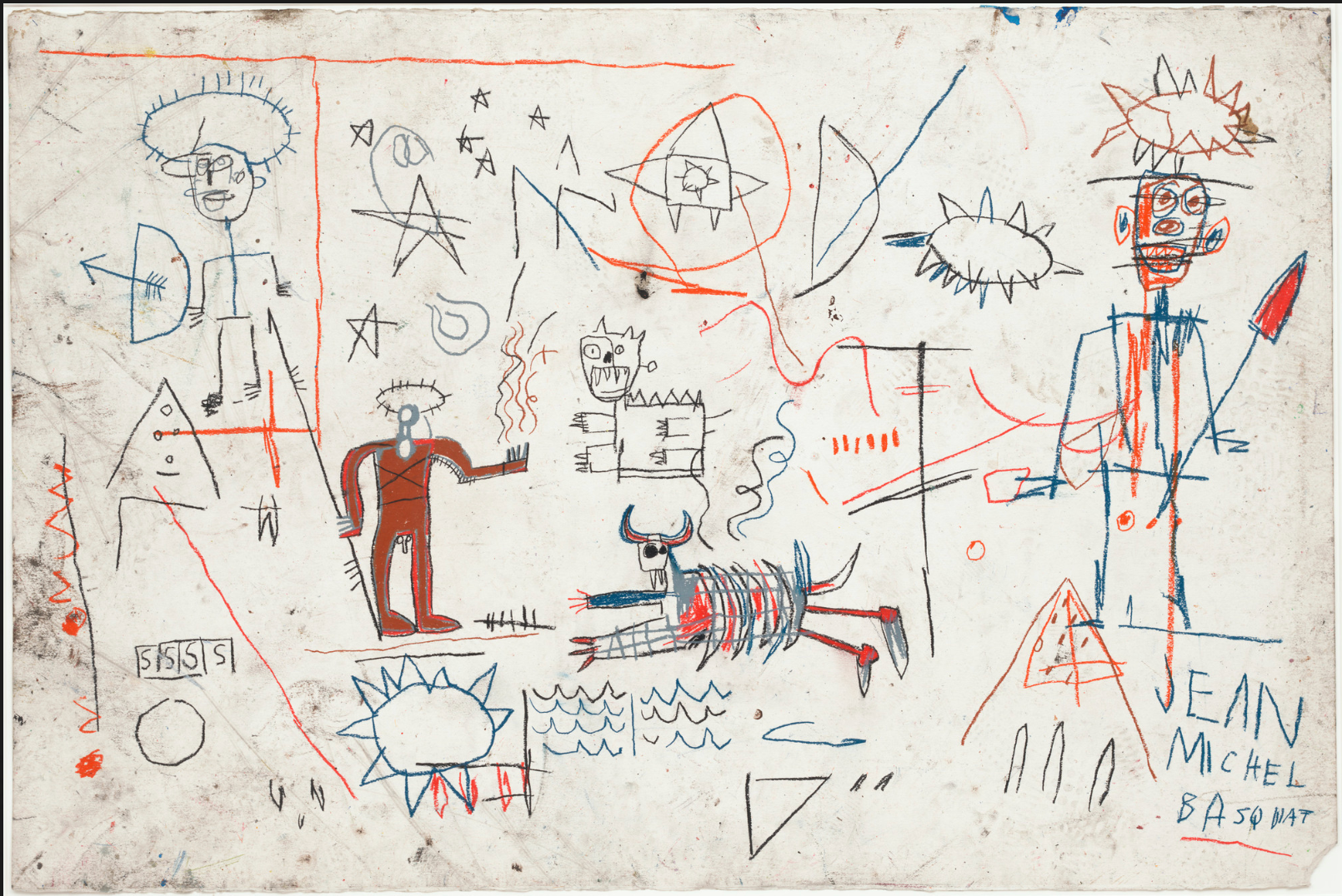 A drawing with a variety of symbols executed in an offhand style such as suns, stars, random lines, stick figures with spears, and in the lower right corner the printed signature Jean Michel Basquiat.
