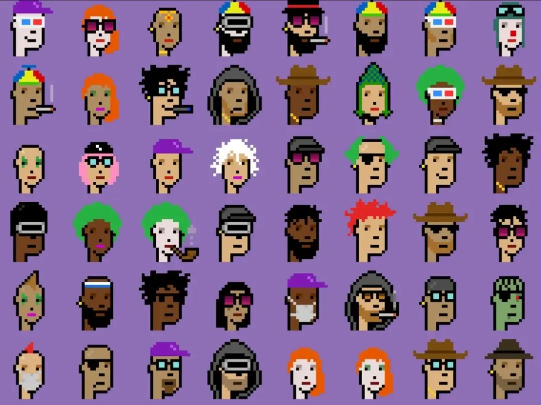 Forty-eight digital avatars from the CryptoPunks collection with randomized traits.