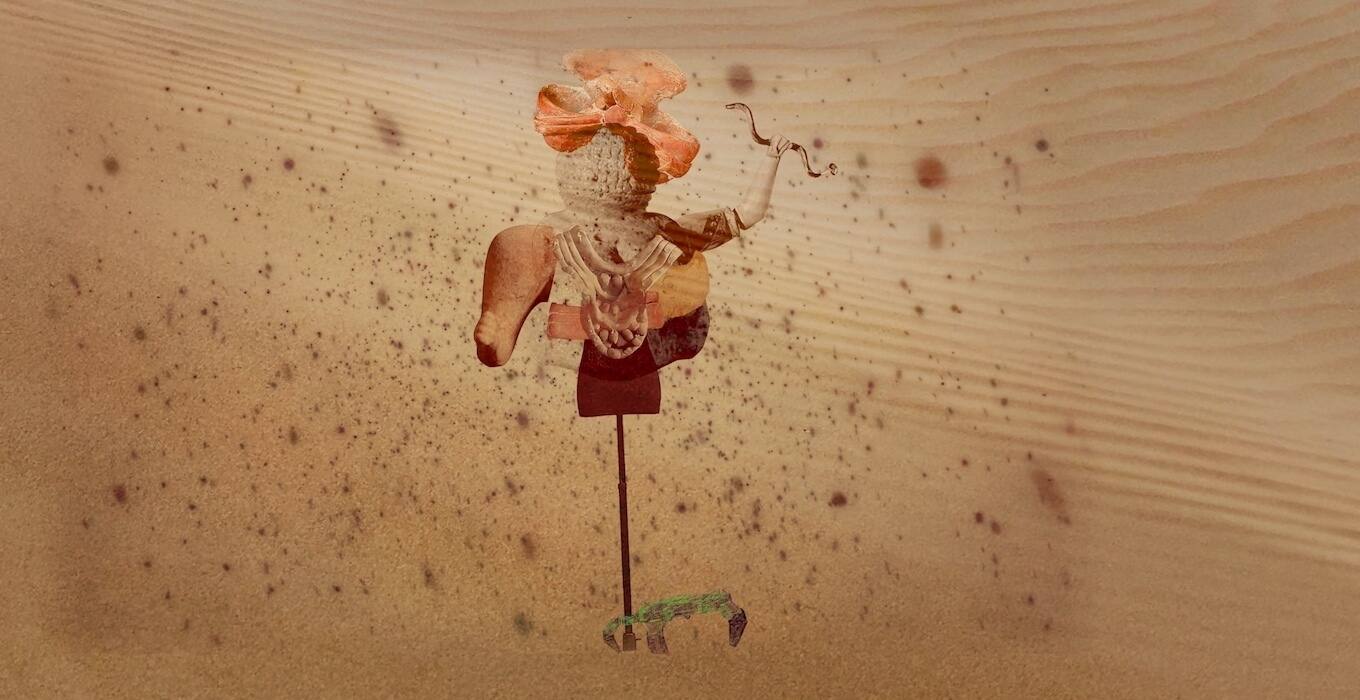 A stick with a torso composed of a collage of indescribable elements against a background of brown spots.