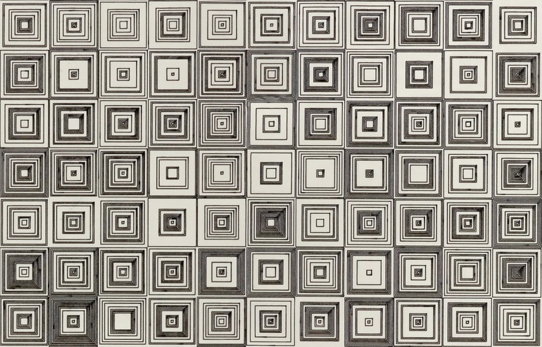 A series of concentric squares of varying density, giving the effect that they extend into infinity.