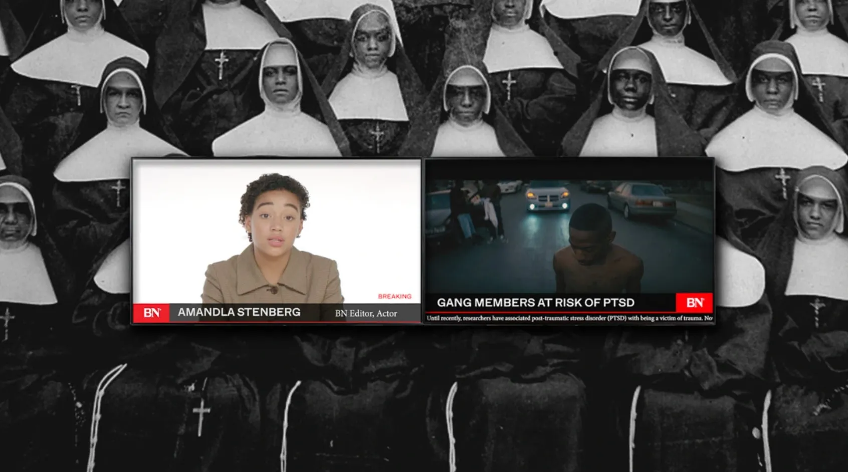 Dual monitors showing episodes of the fictional newscast Black News mounted on a wall covered with images of Black nuns.