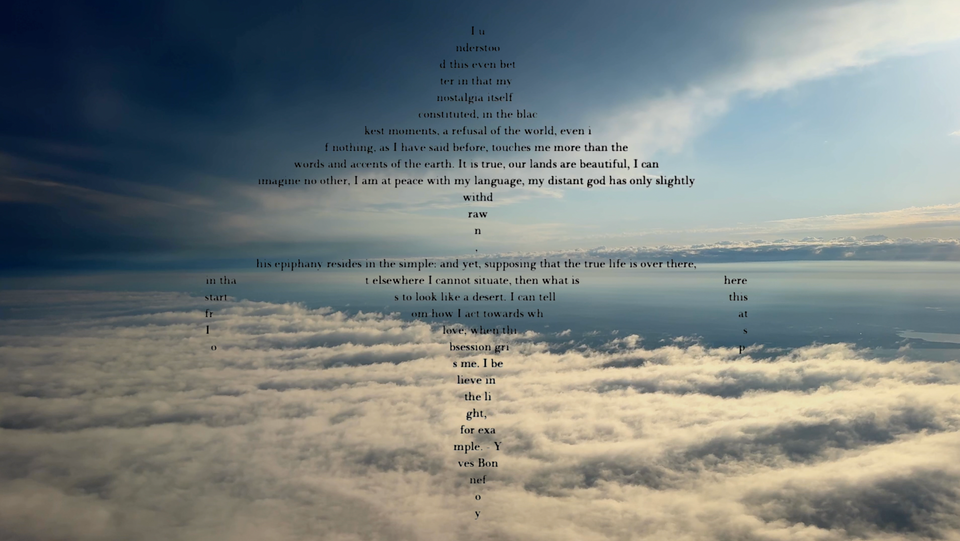An sky with wispy clouds and a poem printed over them in the shape of a bird.