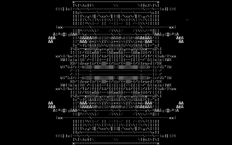 A black screen with a sculptural combination of letters and symbols.