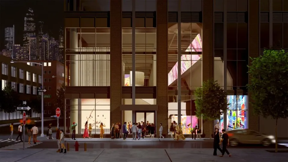An architectural rendering of a new art space, with people standing in front of the building and the New York City skyline in the background.