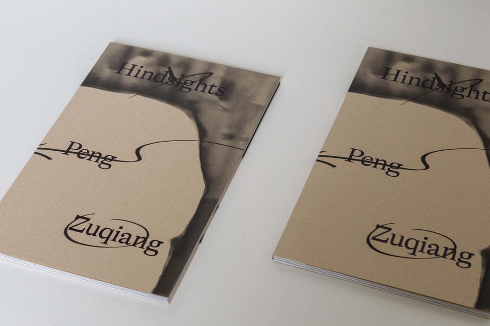 Two books with brown covers and the title Hindsights, Peng Zuqiang, with handwritten marks as part of the design.