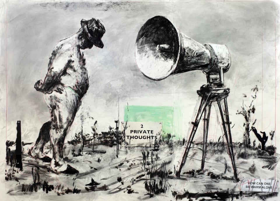 A black and white charcoal drawing with a man wearing a hat on the left, a megaphone on a tripod on the right, and in the center the words "2 Private Thoughts".
