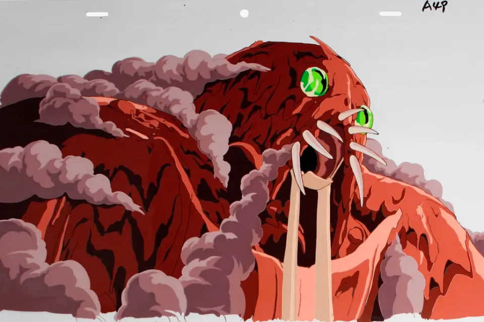 A drawing of a giant, red creature with green eyes and protruding long teeth, covered in billowing smoke.